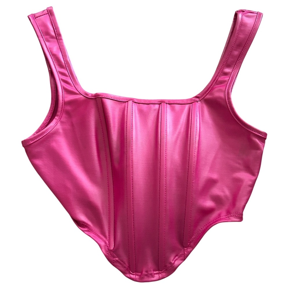 Julia by Love J Hot Pink Faux Leather Corset Top Small‎ Fuchsia Metallic Crop